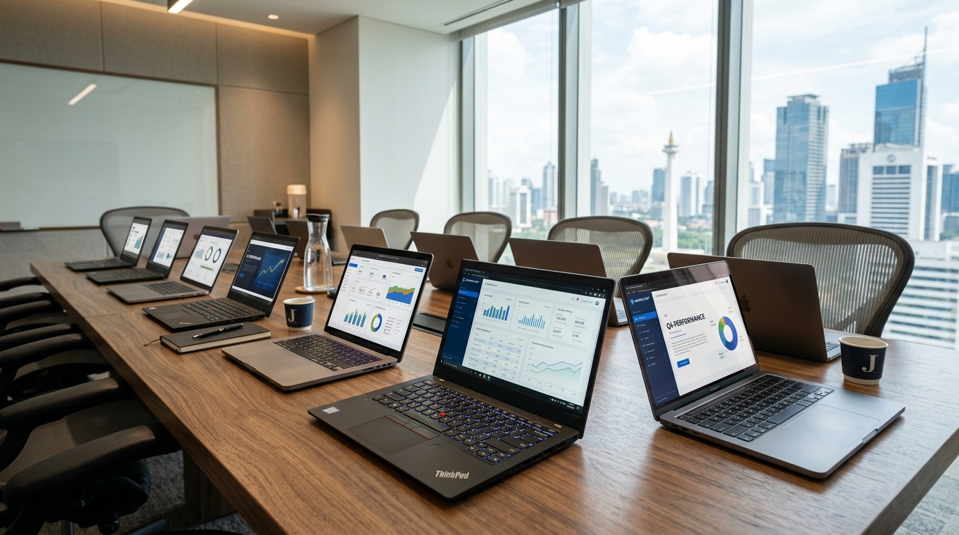 Unit Laptop Bisnis Lenovo ThinkPad dan Apple MacBook Pro di Ruang Meeting Kantor